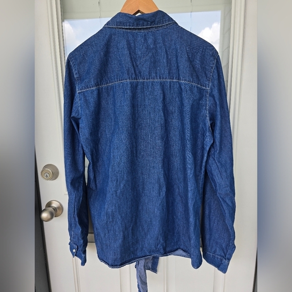 New Look Chambray Shirt 3X Plus Blue Long Sleeve Snap Buttons Tie Front Classic - Picture 13 of 13